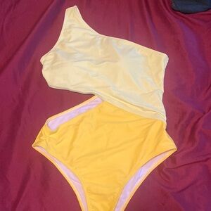Yellow one shoulder women swimsuit
